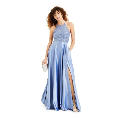 B DARLIN Womens Light Blue Sequined Slitted Satin Gown Sleeveless Halter Full-Length Prom Dress Juniors 1\2 