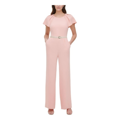 TOMMY HILFIGER Womens Pink Stretch Zippered Belted Pleated-shoulder Pocketed Short Sleeve Round Neck Party Wide Leg Jumpsuit 10 