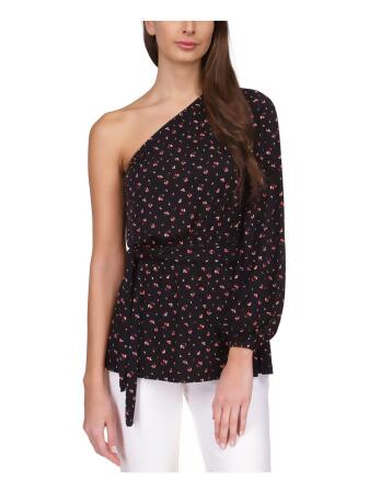 MICHAEL MICHAEL KORS Womens Black Floral Long Sleeve Asymmetrical Neckline  Tunic Top M