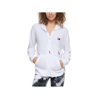 TOMMY HILFIGER SPORT Womens White Stretch Zippered Pocketed Drawstring Waffle-knit Hooded Jacket Plus 2X 