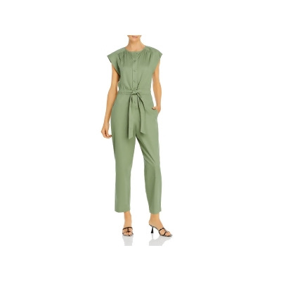 LA VIE BY REBECCA TAYLOR Womens Green Pocketed Tie Button Pleated Drawstring Cap Sleeve Jewel Neck Wear To Work Jumpsuit M 