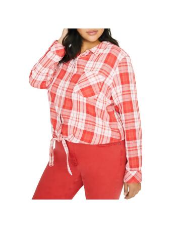 SANCTUARY Womens Red Pocketed Tie Front Plaid Cuffed Sleeve Collared Button  Up Top Plus 3X