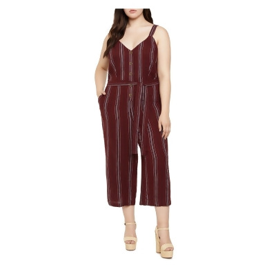 SANCTUARY Womens Maroon Pocketed Belted Button Front Wide Straps Cropped Striped Sleeveless V Neck Wide Leg Jumpsuit Plus 1X 