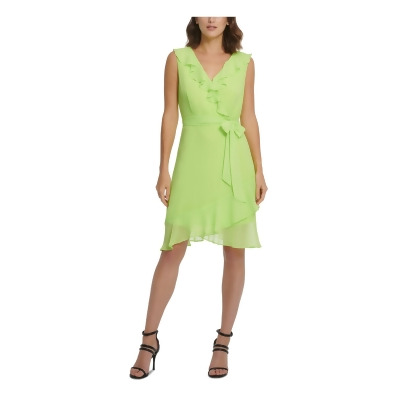 DKNY Womens Green Ruffled Zippered Tie Sleeveless V Neck Knee Length Evening Faux Wrap Dress 8 