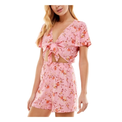 BEBOP Womens Pink Cut Out Smocked Tie At Chest Printed Flutter Sleeve V Neck Shorts Romper Juniors XS 