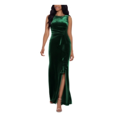 BETSY & ADAM Womens Green Zippered Pleated Slit With Cascading Ruffle Lined Sleeveless Scoop Neck Full-Length Evening Gown Dress 8 