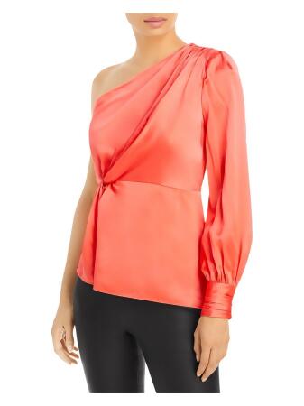 CINQ A SEPT Womens Coral Pleated Zippered Shoulder Pad Asymmetrical Long  Sleeve Asymmetrical Neckline Cocktail Top M
