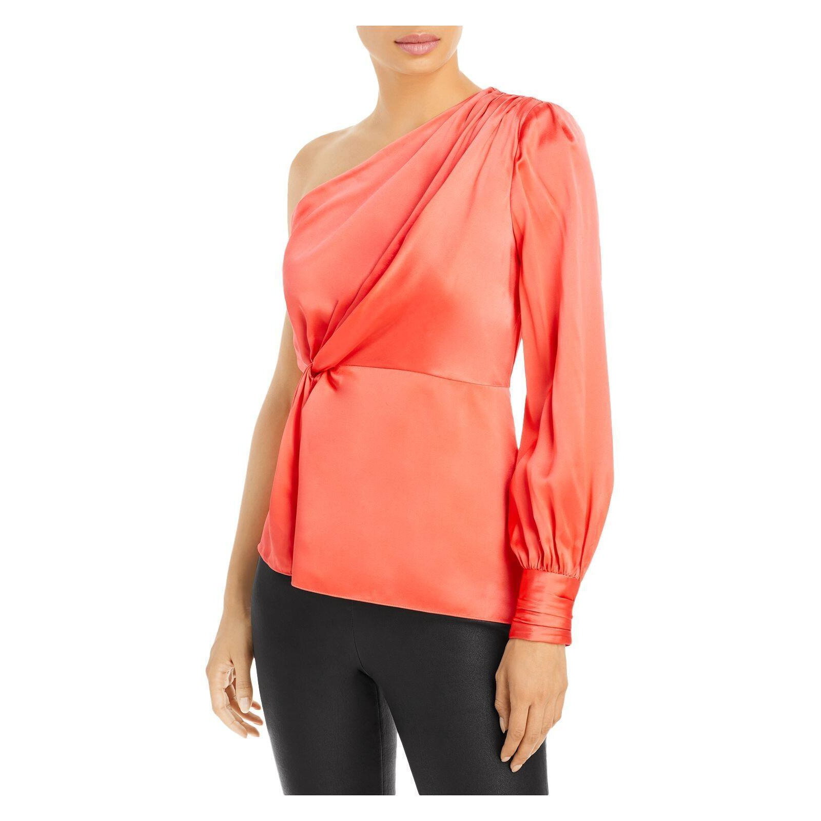 CINQ A SEPT Womens Coral Pleated Zippered Shoulder Pad Asymmetrical Long  Sleeve Asymmetrical Neckline Cocktail Top M