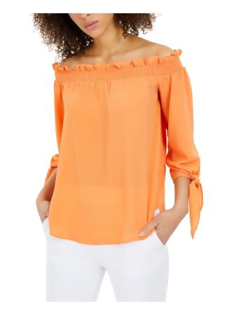 MICHAEL MICHAEL KORS Womens Orange Textured Smocked Tie Cuffs Curved Hem  3/4 Sleeve Off Shoulder Top XL