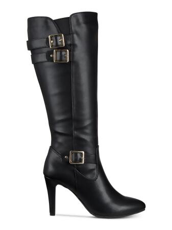 RIALTO Womens Black Stretch Gore Ankle Strap Buckle Accent Cushioned Cahoon  Almond Toe Stiletto Zip-Up Boots Shoes 9.5 M