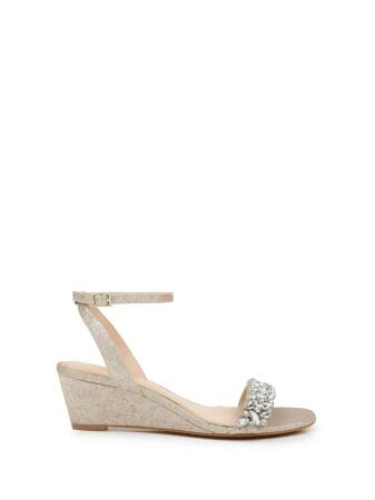 Gold Wedge Cork Sandals Styled with a Palm Print Dress