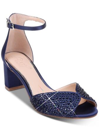 JEWEL BADGLEY MISCHKA Womens Navy Ankle Strap Rhinestone Sycamore Round Toe  Block Heel Buckle Dress Sandals Shoes 9.5