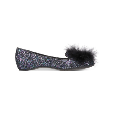 KENNETH COLE Womens Black Chunky Glitter Cushioned Feather Pom Pom Glitter Feather Accent Gen-ie Bottle Round Toe Slip On Flats Shoes 5.5 M 