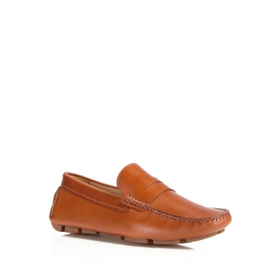 THE MENS STORE Mens Cognac Brown Moc-Stitch Padded Penny Driver Square Toe Slip On Leather Loafers Shoes 10.5 