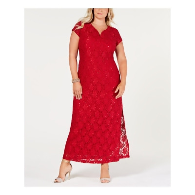 CONNECTED APPAREL Womens Red Lace Speckle Short Sleeve V Neck Full-Length Formal Shift Dress Plus 14W 