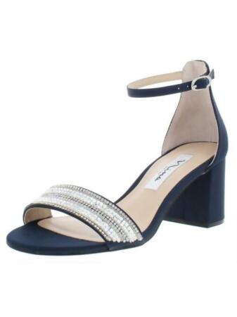 NINA Womens Navy Crystal Embellishment Ankle Strap Elenora Round Toe Block  Heel Buckle Leather Dress Sandals Shoes 9 M