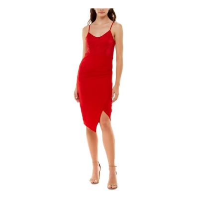 ALMOST FAMOUS Womens Red Stretch Lace Textured Asymmetrical Hem Ruched Spaghetti Strap Scoop Neck Below The Knee Cocktail Body Con Dress Juniors L 