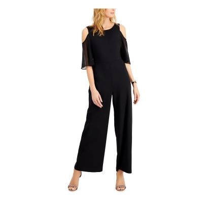 CONNECTED APPAREL Womens Black Zippered Cold Shoulder Sheer Unlined 3/4 Sleeve Round Neck Wide Leg Jumpsuit Petites 10P 