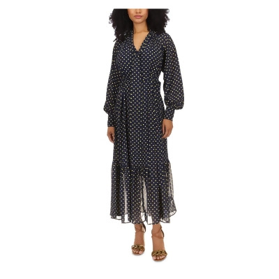 MICHAEL MICHAEL KORS Womens Navy Gathered Zippered Sheer Slip Lining Belted Polka Dot Cuffed Sleeve Tie Neck Maxi Fit + Flare Dress M 