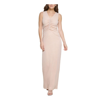 CALVIN KLEIN Womens Pink Embellished Zippered Ruched Lined Slit Sleeveless V Neck Full-Length Formal Gown Dress 4 