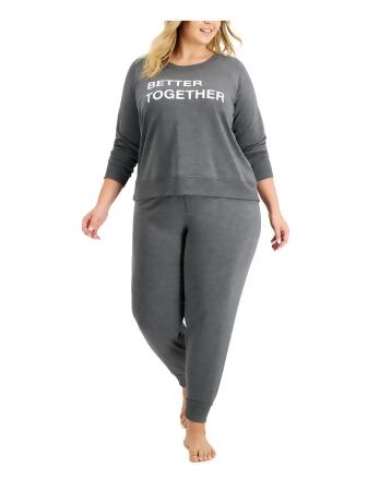 FAMILY PJs Sets Gray Elastic Band Printed Long Sleeve Crew Neck T-Shirt Cropped Sleepwear Size 2X