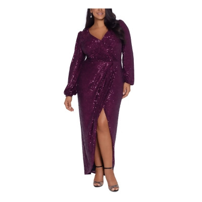 XSCAPE Womens Burgundy Sequined Slitted Zippered Long Sleeve V Neck Tea-Length Evening Gown Dress Plus 18W 