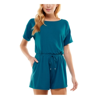 BEBOP Womens Teal Pocketed Drawstring Cuffed Sleeve Crew Neck Shorts Romper Juniors L 