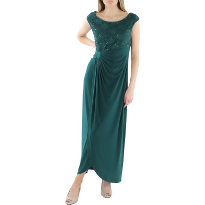 CONNECTED APPAREL Womens Green Ruched Sequined Wrap-style Skirt Pullover Cap Sleeve Boat Neck Full-Length Evening Empire Waist Dress Plus 22W 