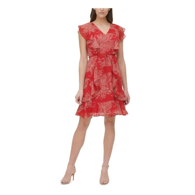 TOMMY HILFIGER Womens Red Zippered Tie Paisley Flutter Sleeve V Neck Above The Knee Evening Fit + Flare Dress Petites 2P 