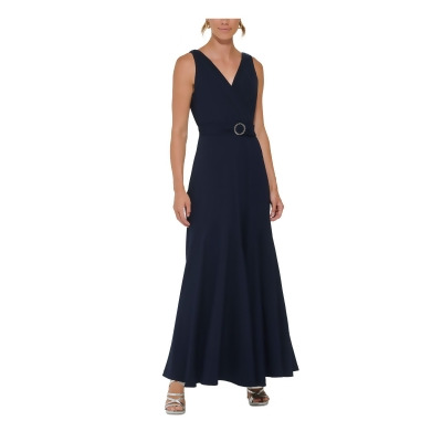 DKNY Womens Navy Zippered Belted Pleated Lined Bodice Godets Sleeveless V Neck Full-Length Formal Gown Dress 2 