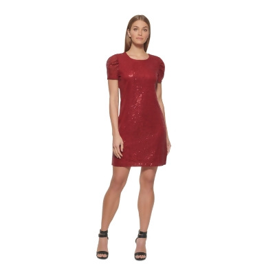 DKNY Womens Red Sequined Lined Keyhole Back Pullover Pouf Sleeve Round Neck Above The Knee Cocktail Sheath Dress 14 