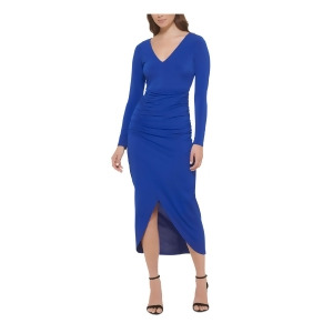 UPC 888807276732 product image for Guess Womens Blue Zippered Long Sleeve V Neck Tea-Length Wear To Work Tulip Dres | upcitemdb.com