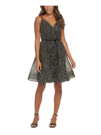 CALVIN KLEIN Womens Black Sequined Embroidered Zippered Sheer Lined Bow  Detail Spaghetti Strap V Neck Above The Knee Evening Fit + Flare Dress 6