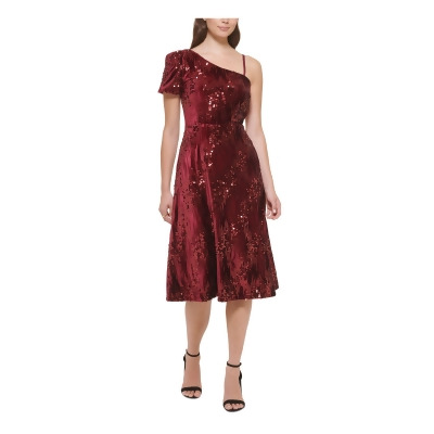 KENSIE DRESSES Womens Burgundy Sequined Lined Adjustable Short Sleeve  Asymmetrical Neckline Midi Cocktail A-Line Dress 2