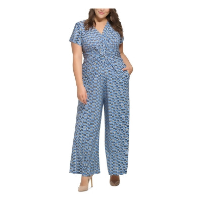 VINCE CAMUTO Womens Blue Twist Front Zippered Pocketed Short Sleeve V Neck Wide Leg Jumpsuit Plus 3X 