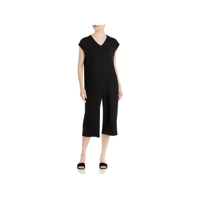 EILEEN FISHER Womens Black Stretch Zippered Cropped Jersey Cap Sleeve V Neck Wide Leg Jumpsuit XL 