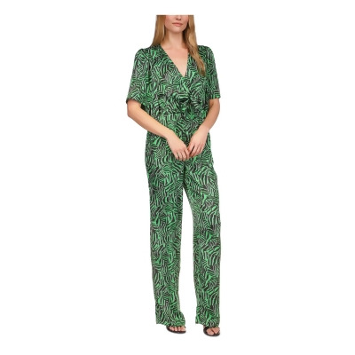 MICHAEL MICHAEL KORS Womens Green Ruffled Unlined Pocketed Tie Animal Print Short Sleeve Surplice Neckline Wide Leg Jumpsuit L 