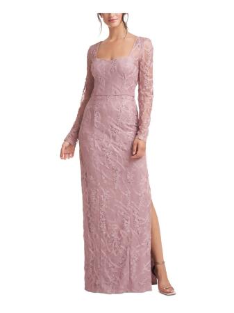 JS COLLECTIONS Womens Pink Embroidered Zippered Sequined Lined Long Sleeve Square Neck Full-Length Evening Sheath Dress 6 