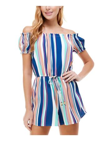 BEBOP Womens Blue Stretch Ruffled Tie Striped Off Shoulder Shorts Romper XXS 