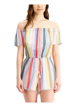 BEBOP Womens Ivory Ruched Tie Crochet Trim Hem Striped Flutter Sleeve Off Shoulder Romper S 