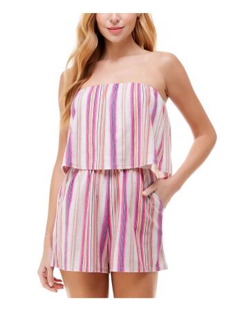 BEBOP Womens Beige Stretch Pocketed Popover Elastic-waist Color Block Sleeveless Strapless Straight leg Romper L 