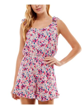 BEBOP Womens Pink Smocked Ruffled Tie Straps Keyhole Back Floral Sleeveless Scoop Neck Shorts Romper L 