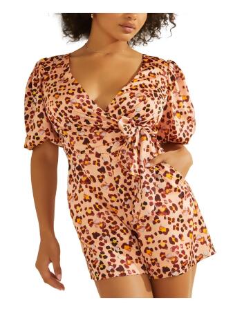 GUESS Womens Pocketed Zippered Cut Out Back Tie At Back And Wai Pouf Sleeve Surplice Neckline Faux Wrap Romper 