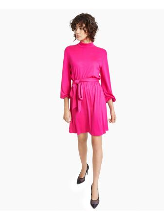 BAR III DRESSES Womens Stretch Tie Unlined Elastic Cuffs Balloon Sleeve Mock Neck Above The Knee Party Shift Dress 