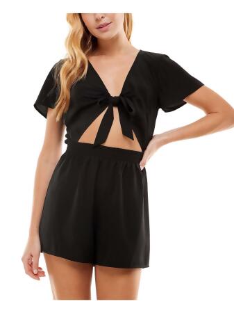 BEBOP Womens Cut Out Smocked Tie Front Flutter Sleeve V Neck High Waist Romper 