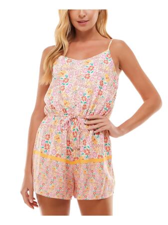 BEBOP Womens Adjustable Ruched Button And Loop Detail Tie Spaghetti Strap Scoop Neck Wide Leg Romper 