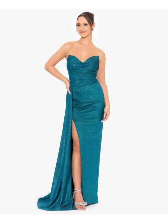 BLONDIE NITES Womens Teal Slitted Lined Pleated Glitter Zippered Sleeveless Sweetheart Neckline Full-Length Formal Gown Dress Juniors 0 
