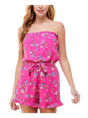 KINGSTON GREY Womens Pink Ruffled Tie Floral Sleeveless Strapless Straight leg Romper Juniors M 