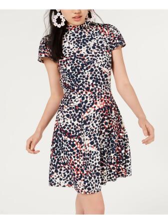 CITY STUDIO Womens Navy Printed Short Sleeve Mandarin Collar Fit + Flare Dress Juniors XS