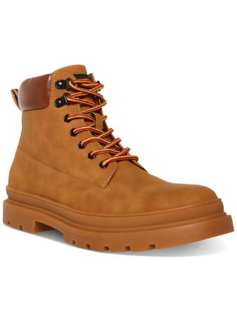MADDEN Mens Brown Heel Pull-Tab Lug Sole Padded Glixxo Round Toe Block Heel Lace-Up Combat Boots 9 M